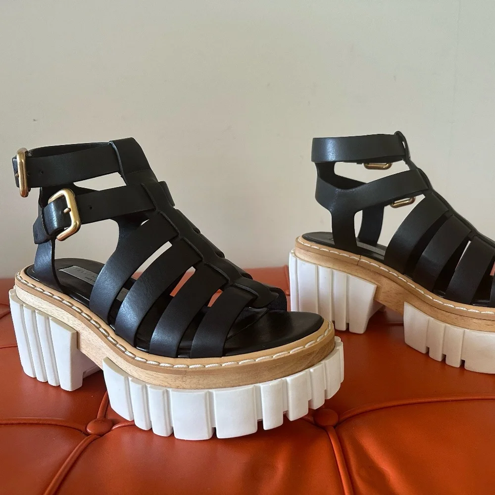 Stella McCartney Black Emilie Gladiator Vegan Leather Heeled Sandals Size 37UK - Picture 2 of 6